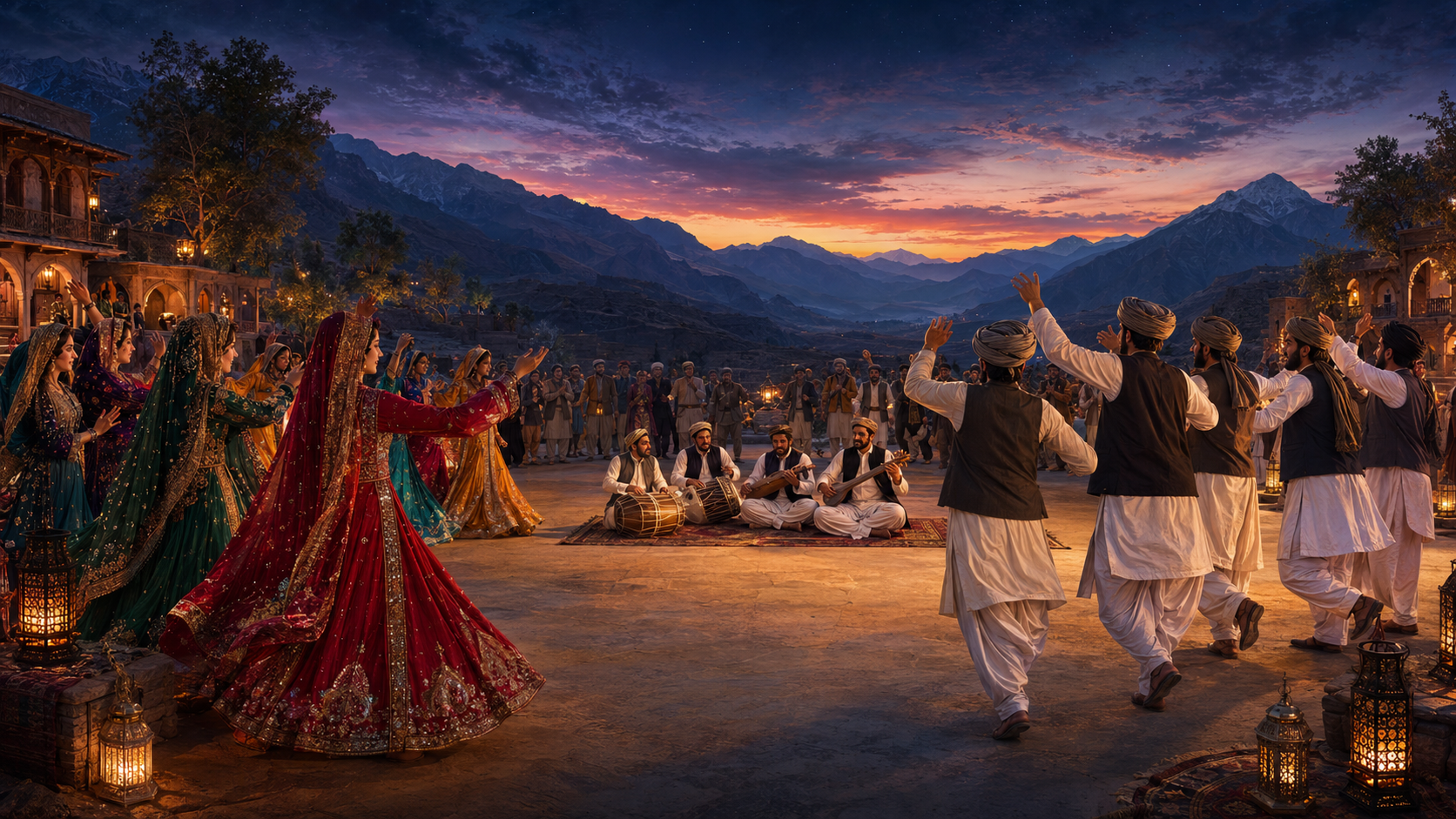 Artistic community scene of Pashtun women and men performing Attan